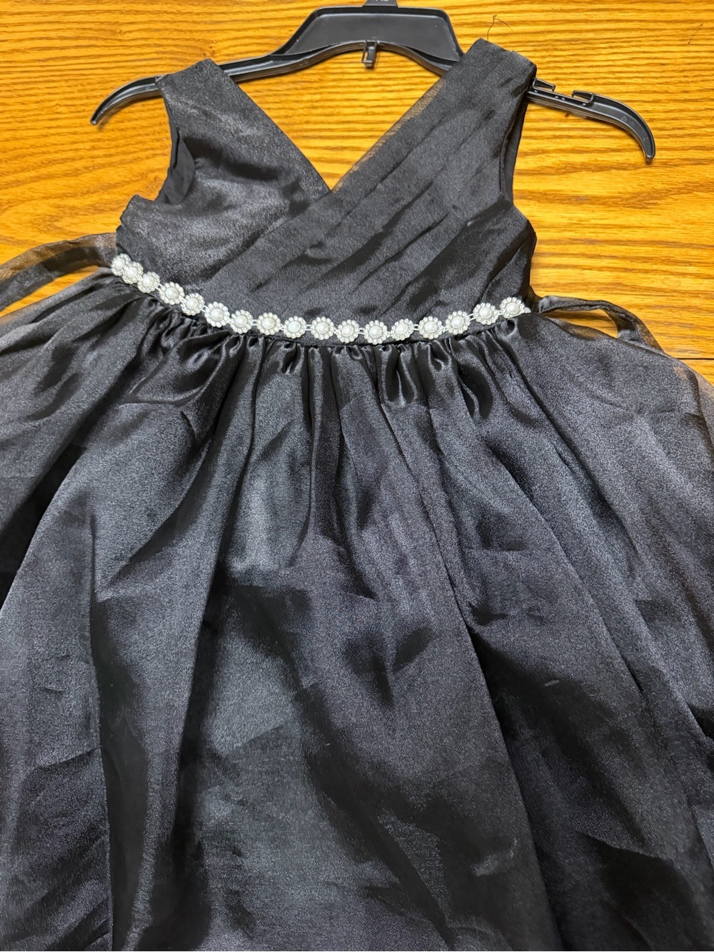 Girls Black Satin Party Dress with Pearl Waistband